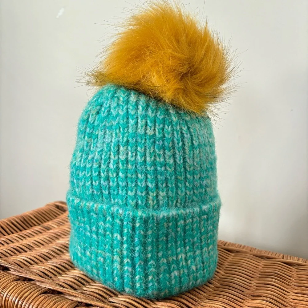 Anthropologie Youth Knit Hat with Faux Fur Pom Pom NEW